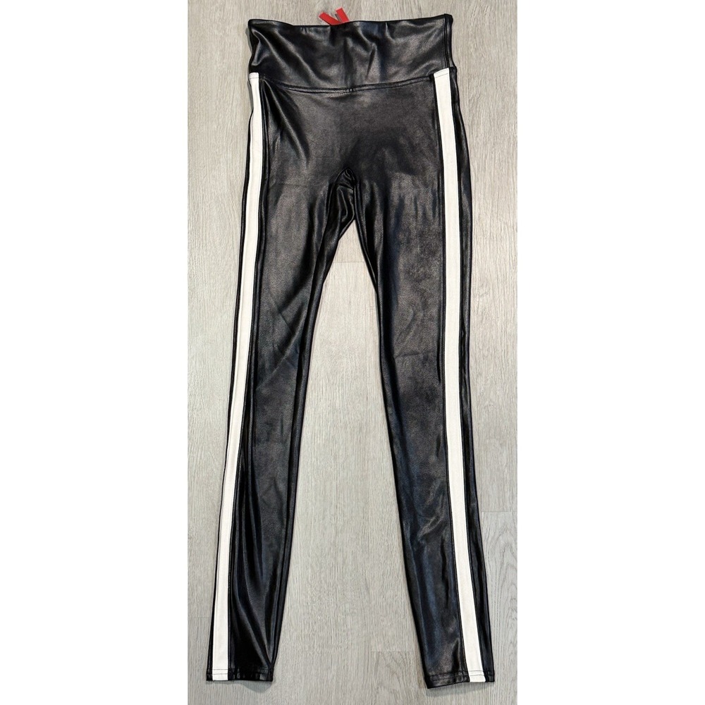 SPANX Black Faux Leather Leggings Women's Size XS Tummy Control White Stripe